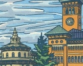 Tacoma's OLD CITY HALL original hand colored letterpress print featuring Mt. Rainier