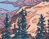 SUNRISE ALPENGLOW original hand colored letterpress print featuring Mt. Rainier