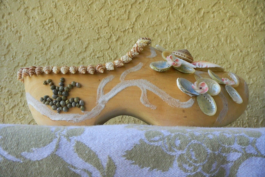 Wooden Shoe Dutch Traditional Clog From Holland Embellished w Seashells