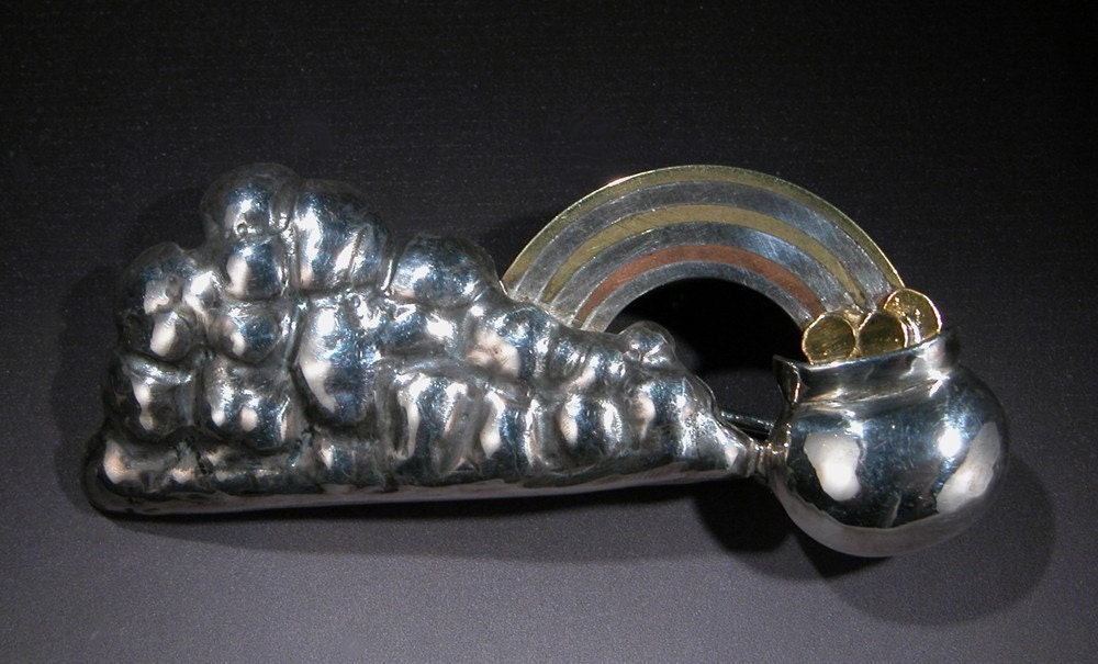 Sterling Silver Brooch with Copper, Sterling and Brass Marriage of Metals  24 karat gold POT O GOLD