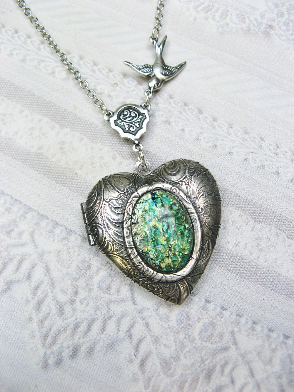Silver Locket Necklace - ORIGINAL Celtic Love Locket - Silver Heart Locket - by BirdzNbeez - Mother's Day Emerald Wedding Anniversary