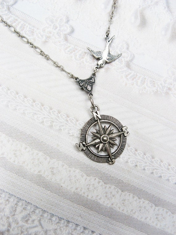 Silver Compass Necklace - Silver Guidance - Steampunk Jewelry by BirdzNbeez