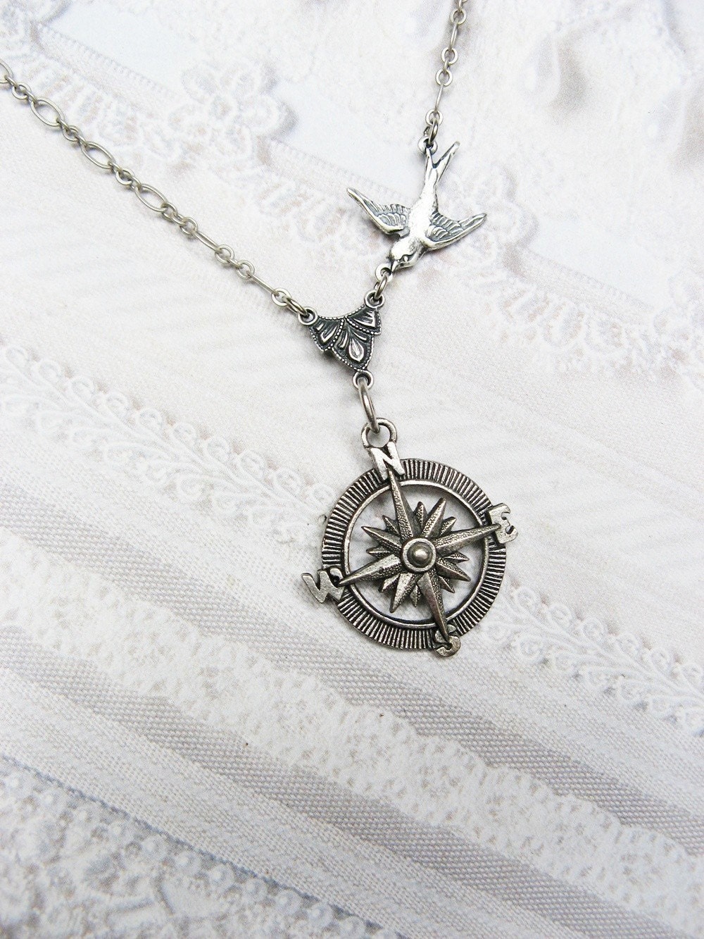 Silver Compass Necklace - Silver Guidance - Steampunk Jewelry by BirdzNbeez