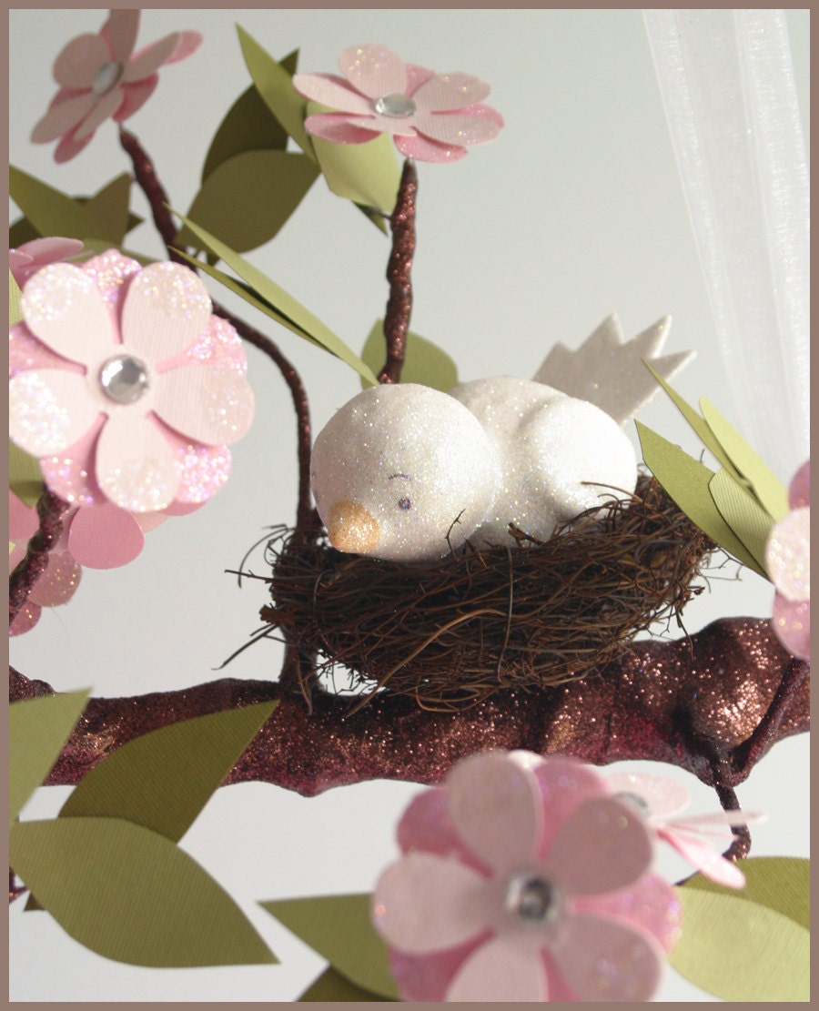 Pink Spring Blossom Tree Limb- Baby Mobile- Nursery Mobile- Baby Bird- Light Pink