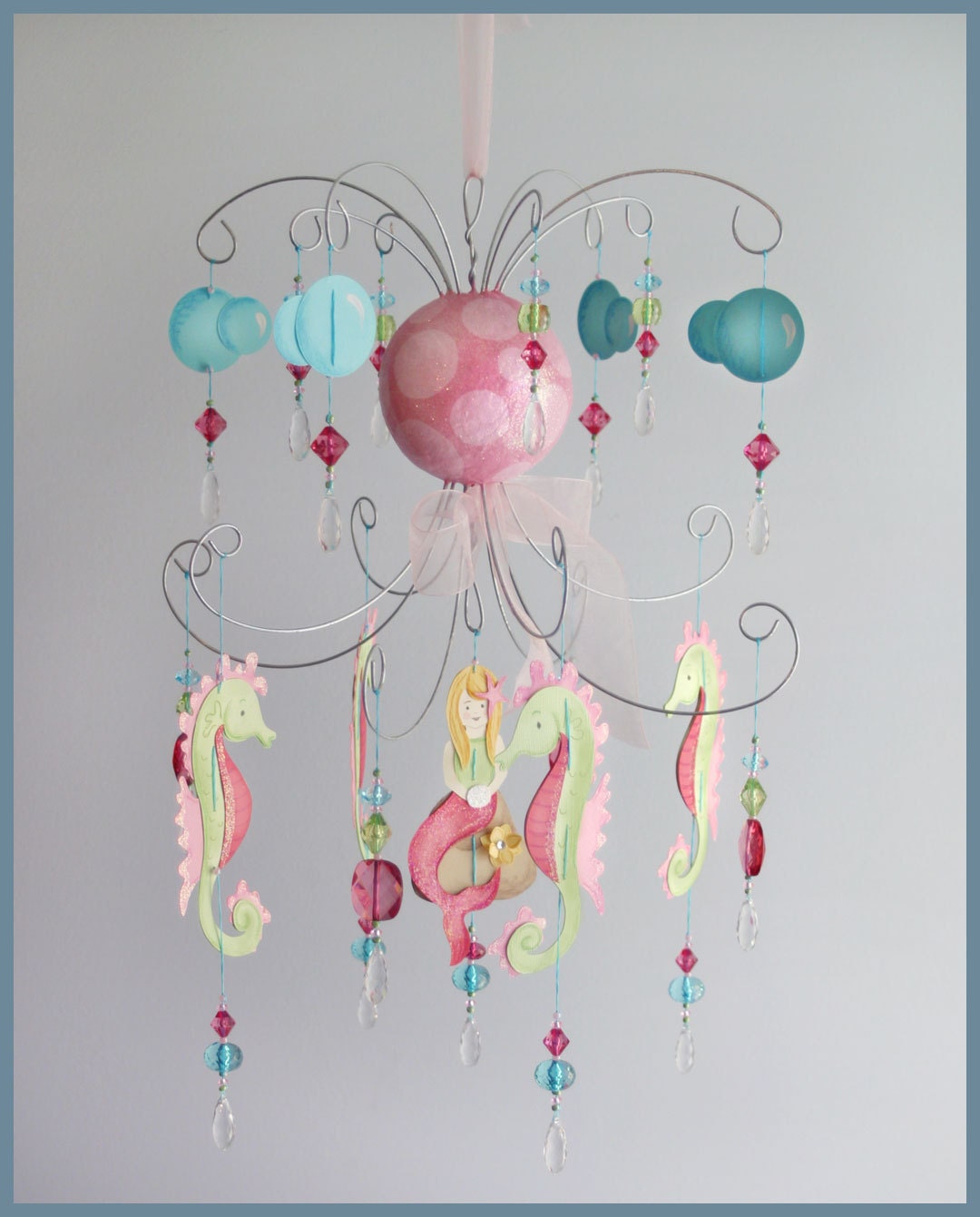 Raspberry Pink and Green Mermaid Chandelier Mobile- Baby Mobile- Nursery Mobile- Seahorse