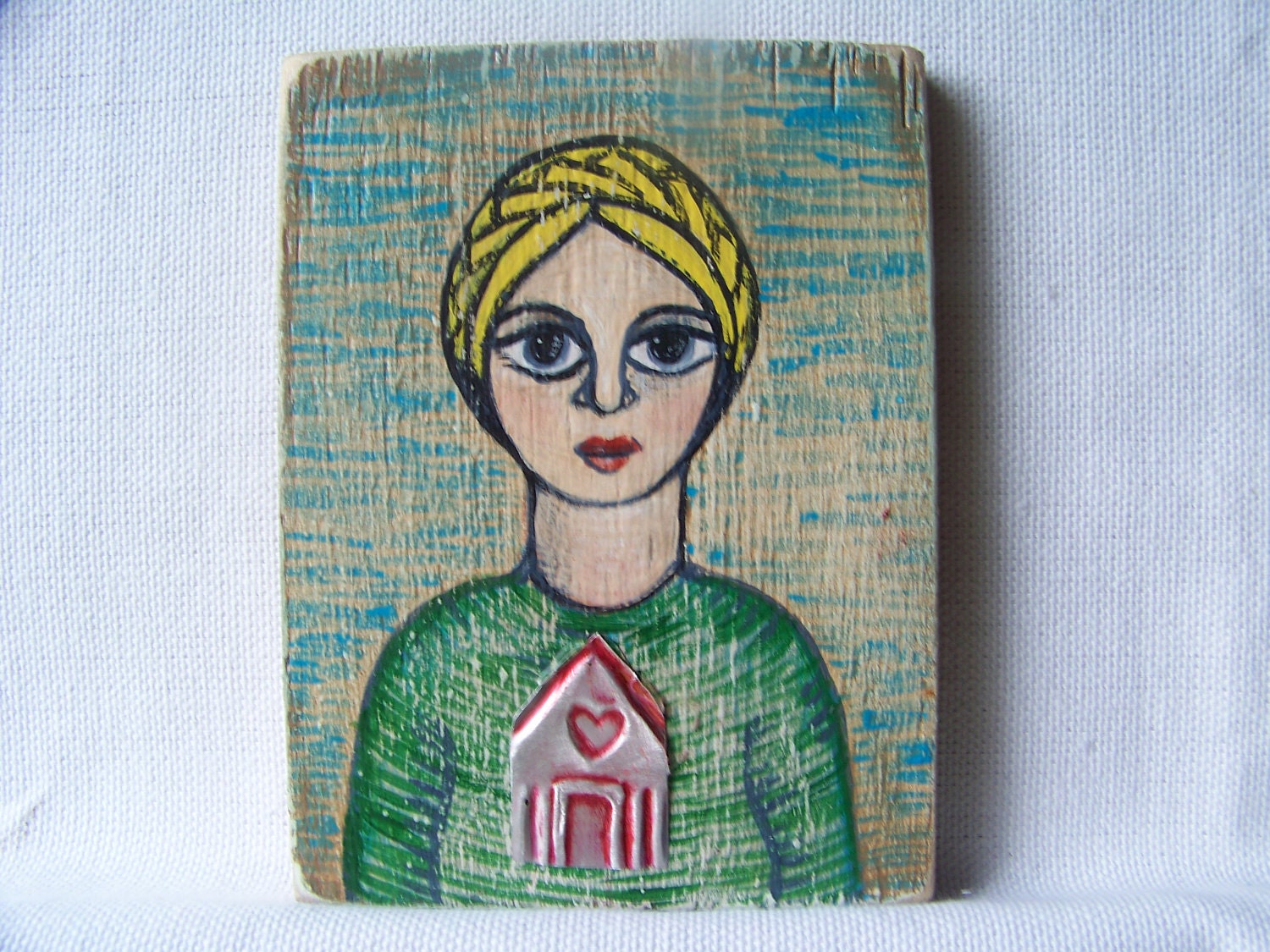 Home is Where the Heart Is --Original Mixed Media Folk Art Painting with Handmade Milagro