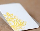 Mini Notes, Letterpress : Sunshine Yellow Blossoming Flower Mini Notes, package of 5 tiny flat cards w stone grey colored envelopes