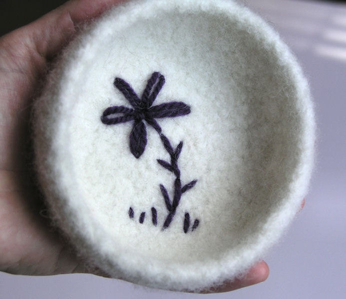 Felted wool bowl with embroidered flowers silhouette in the bottom...give Mom flowers that never die