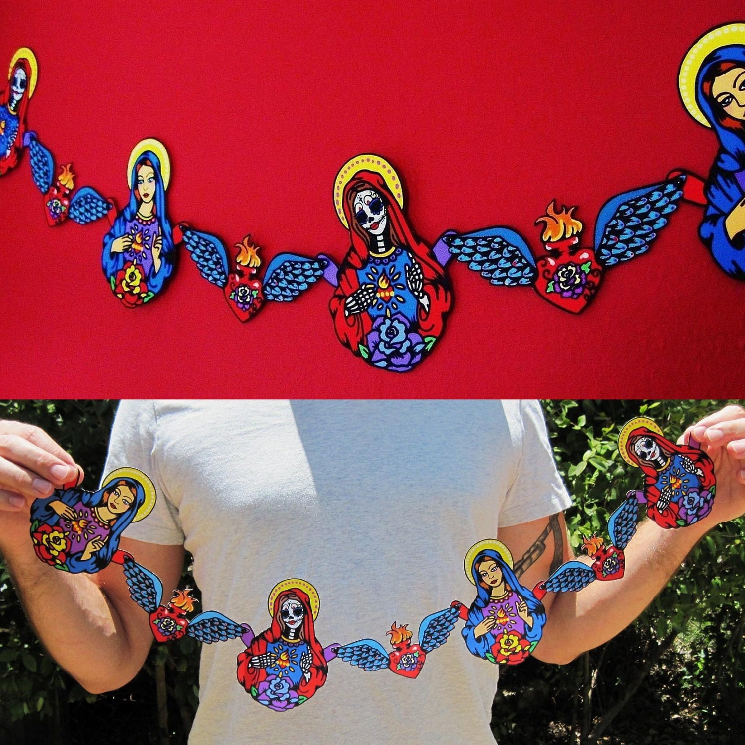 Day of the Dead VIRGIN MARY Paper GARLAND w/ Sacred Hearts
