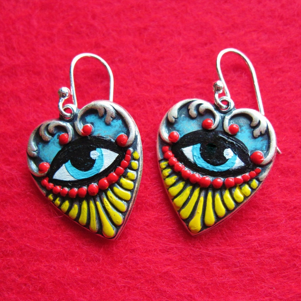 Tattoo Art SACRED EYE Heart Sterling Silver Earrings - Choose your color