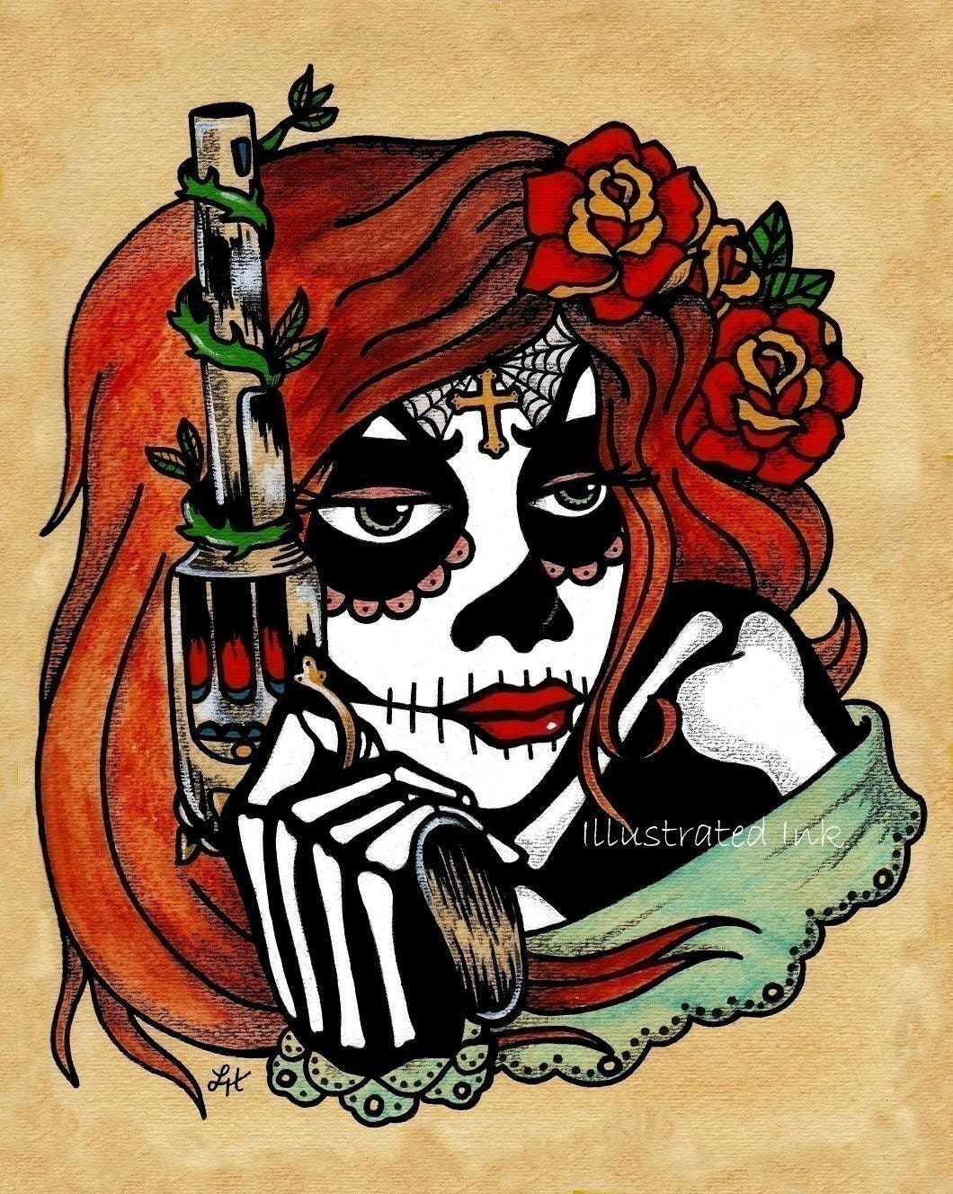 Day of the Dead LA ADELITA with PISTOL Print by illustratedink