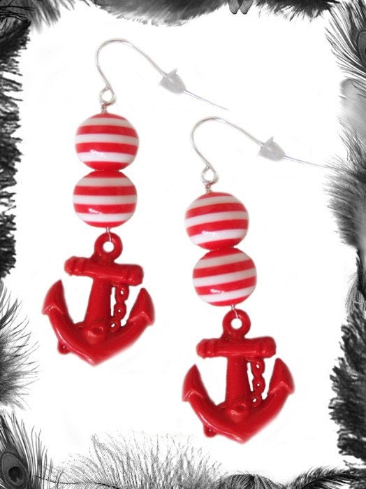 Nautical Anchor Sailor Earrings, Rockabilly, red white or black white