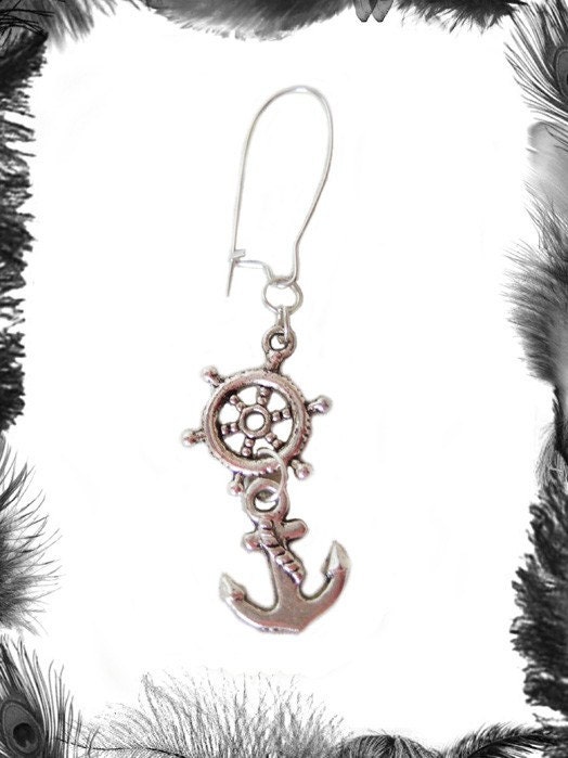 Guys Nautical Anchor Sailor Pirate Earring, Silver plated