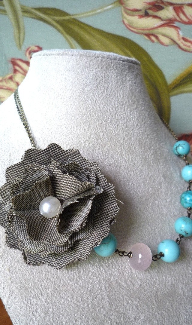 Fabric Flower and Turquoise Necklace