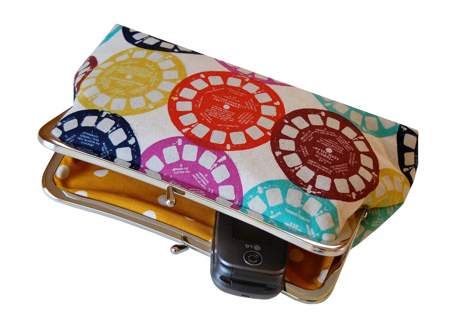 Clutch purse with viewfinder slides