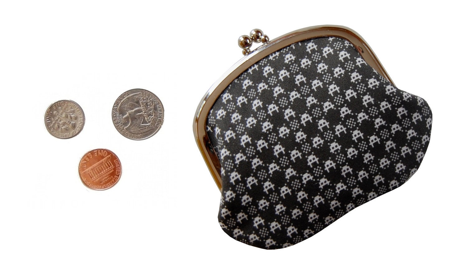 Coin purse in space invader gingham on black