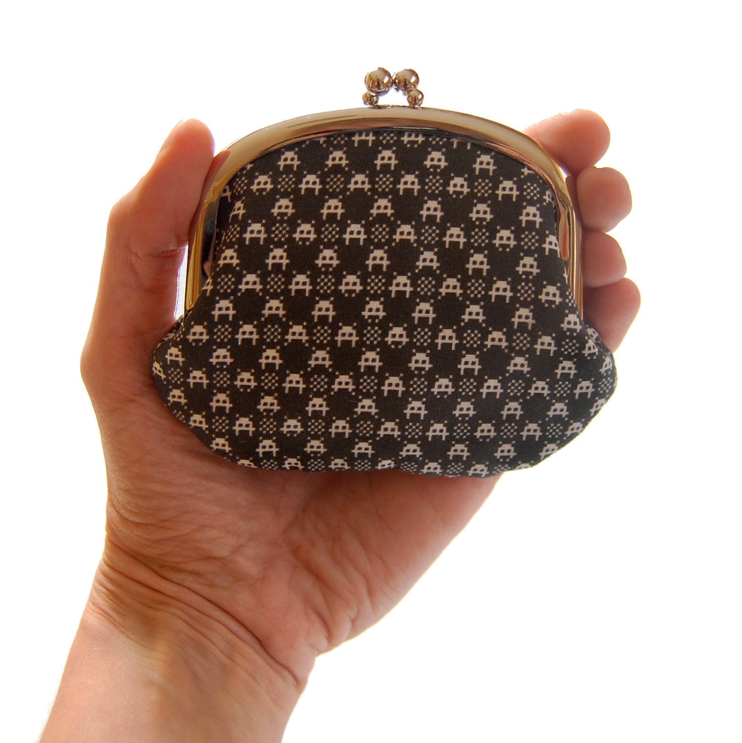 Coin purse in space invader gingham on black