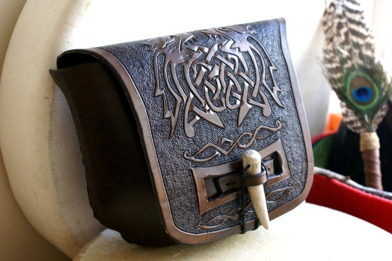 Leather Belt Bag with Celtic Beasts-Celtic Knot Work Leather Belt Bag-Tooled Leather Belt Bag-Brown Leather Belt Bag