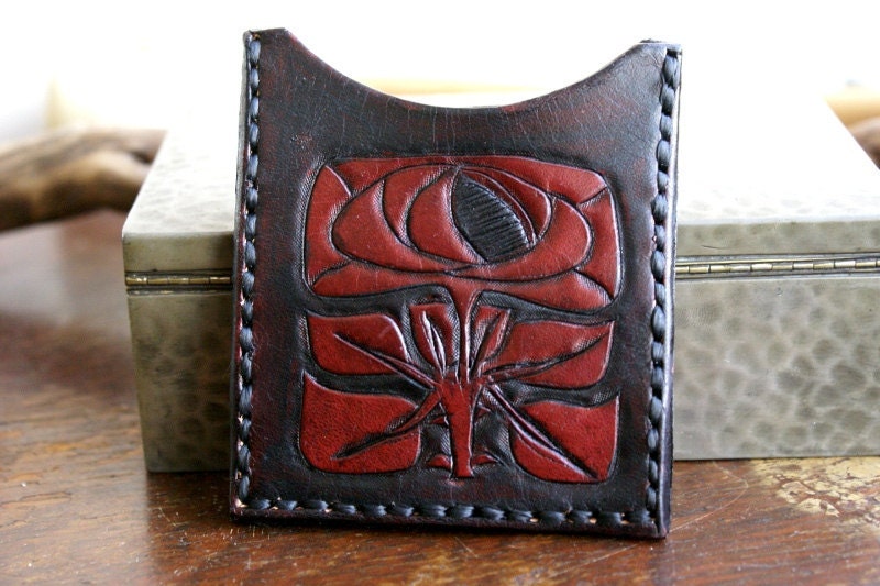Leather Card Case-Arts and Crafts Rose Leather Card Case-Leather ID Case-Leather Card Holder-Business Card Holder Leather Card Sleeve Case