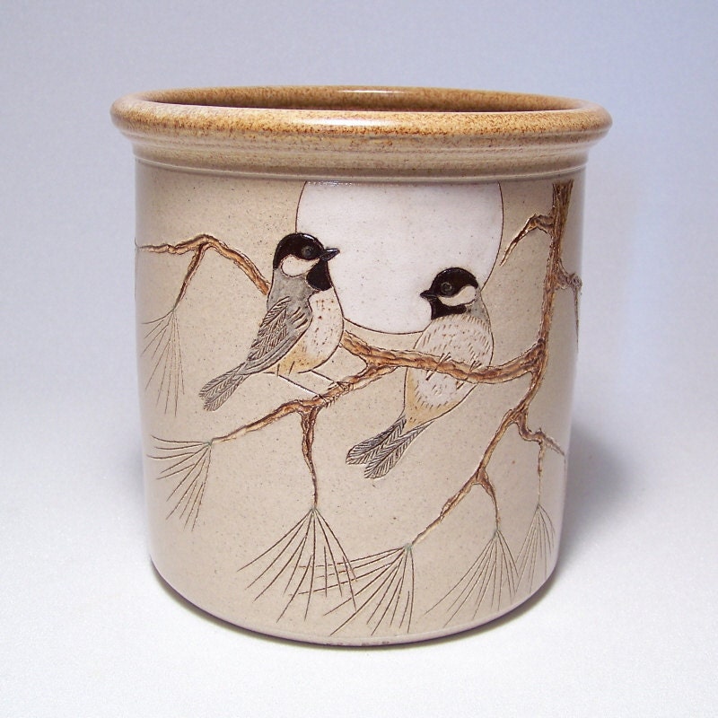 Black Capped Chickadees Pottery Utensil Holder Limited Series 51 (wide)