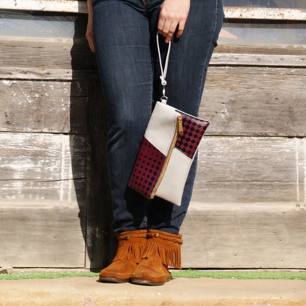 Fold-over Wristlet Clutch - Faux Leather in Gray and Berry