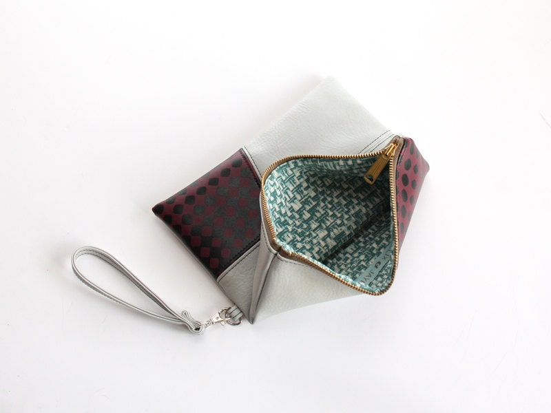 Fold-over Wristlet Clutch - Faux Leather in Gray and Berry