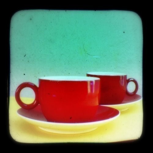 Coffee Photo Mid Century Home Decor Kitchen Art Print 5x5 Turquoise Red Retro Cafe Color Photography Wall Decor TtV Still Life Photograph