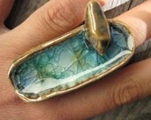 Pod Ring with Birdie Perched on the side - Bird Bath Ring - Ceramic and Glass Cocktail ring