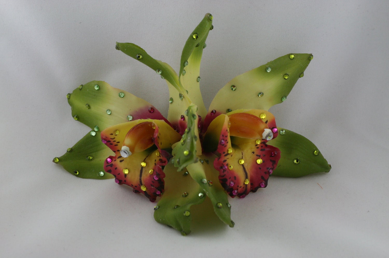 Large Green Double Tiki Orchid Hair Clip