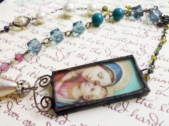 Rosary Style Religious Boho Vintage Bead Chain Soldered Madonna Virgin Mary Mother of God Stained Glass Pendant Necklace