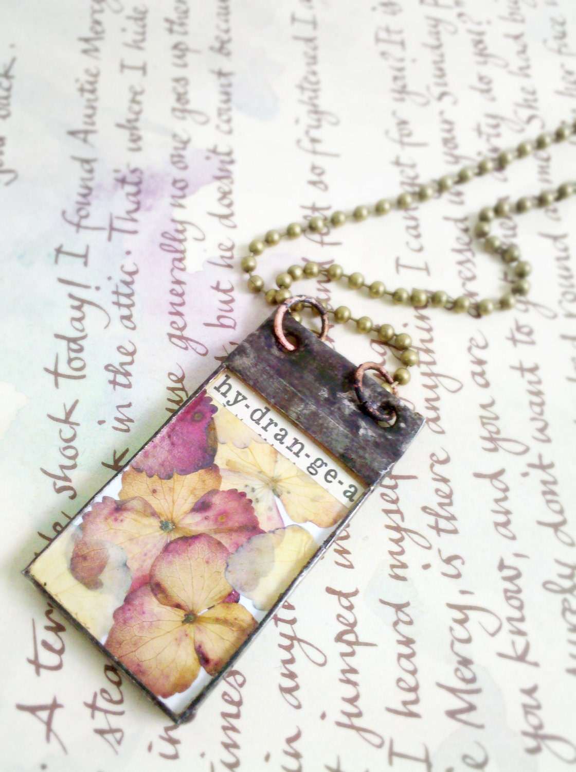 Hydrangea Pressed Flower Necklace, Stained Glass Flower Pendant, Soldered Hydrangea Necklace, Dried Flower Jewelry, Gifts for Her