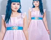 Vintage Pink Babydoll Dress Nightie Mesh/Lace Flutter Sleeve