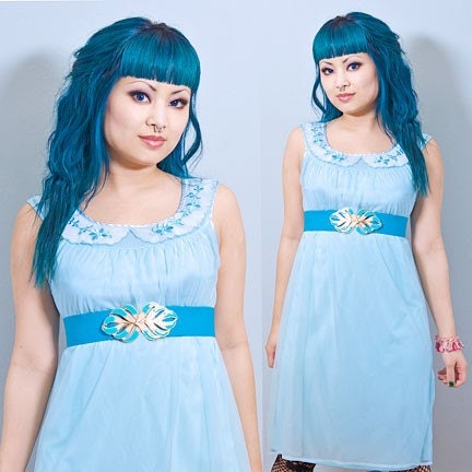 Vintage 50s Babydoll Dress Embroidered Blue Nightie Nightgown