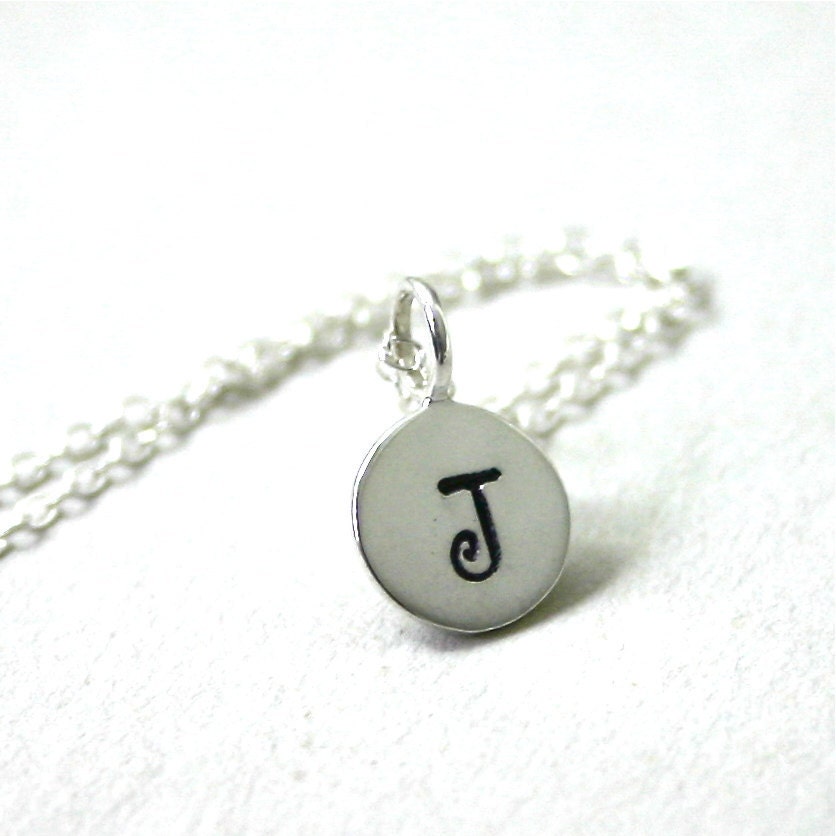Small round initial necklace - simple sterling silver hand stamped jewelry - personalized necklace