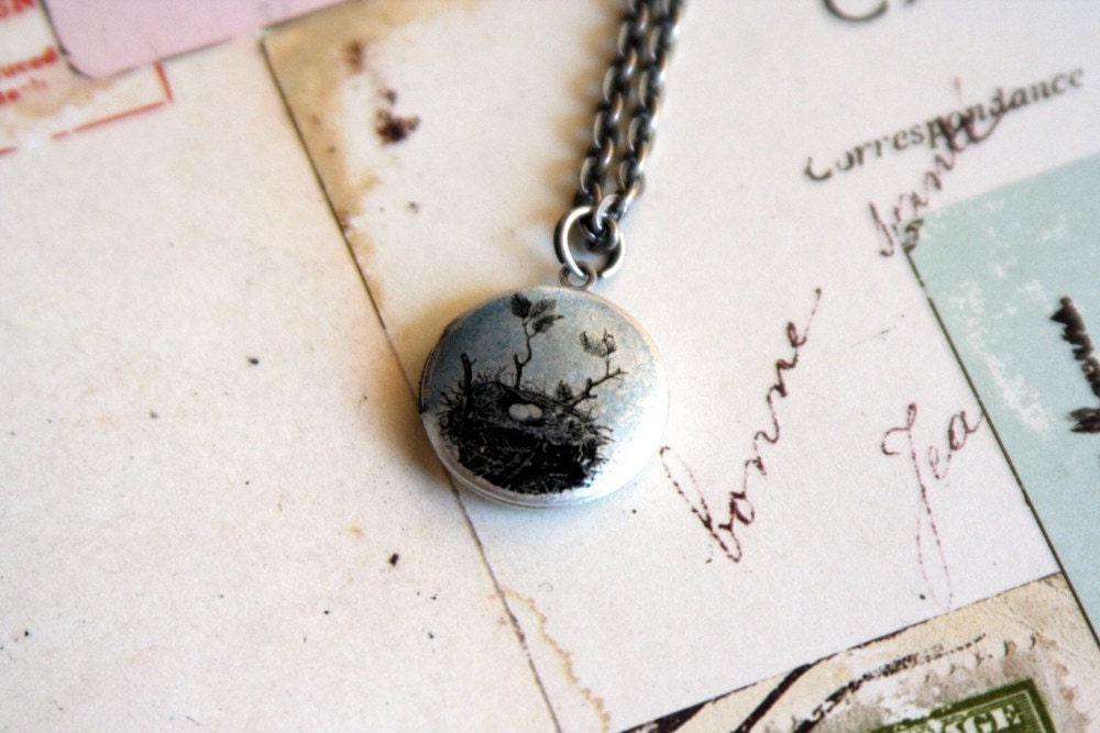 blue bird nest. round locket necklace