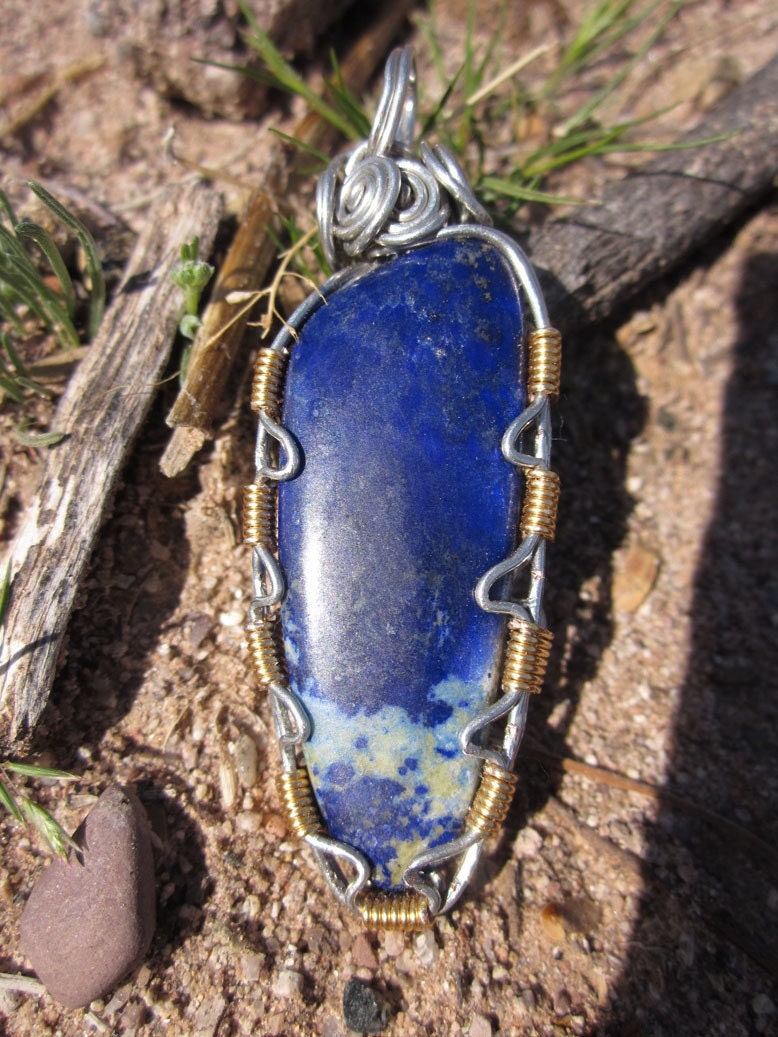 Lapis Lazuli Pendant SACRED VISIONS Gemstone Cabochon wire wrapped Metaphysical Focal Charm Unusual Handmade Charm on SALE
