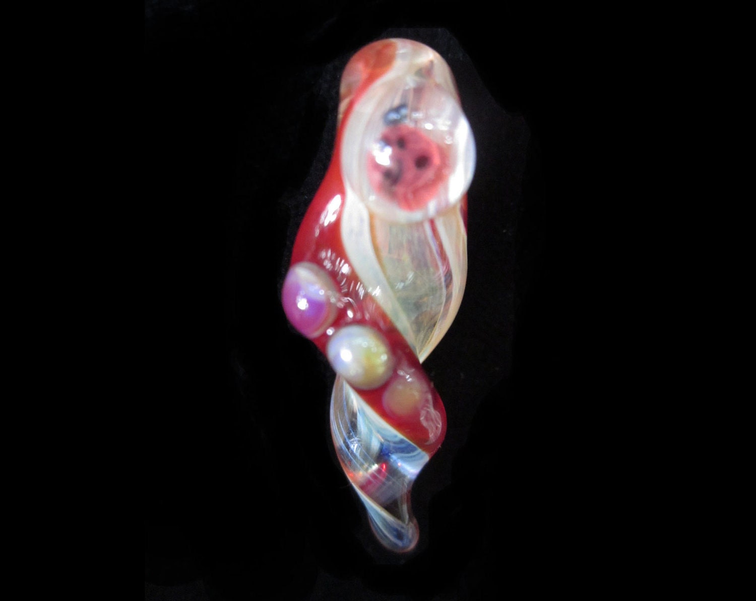 SALE Glass Pendant LADYBUG LOVE Lampwork Bead Pyrex Twist Boro Focal  Art with Murrine and Red and Tan swirls and dots
