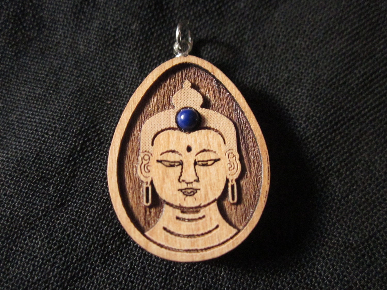 BUDDHA PENDANT with LAPIS Laser Cut Wood Necklace Pendant on Adjustable Chord Waxed Linen