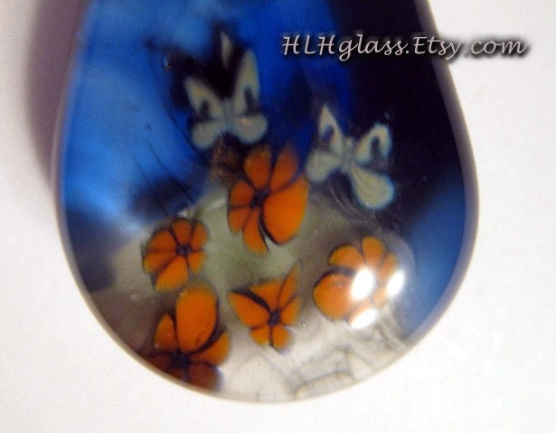 HAPPY GARDEN with Butterflies and Flowers Focal Pendant Lampwork Glass Bead Made with Love by Helen Lee Hoffman