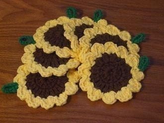 Lot Of Six Miniature Sunflower Crocheted Face Scrubbies
