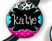 Stethoscope ID Tag - Custom Name Aqua Pink and Black Damask