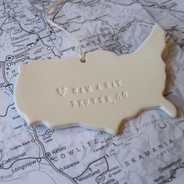 personalized CUSTOM map ornament where we met or where you were born with personalized names, date and location by Paloma's Nest