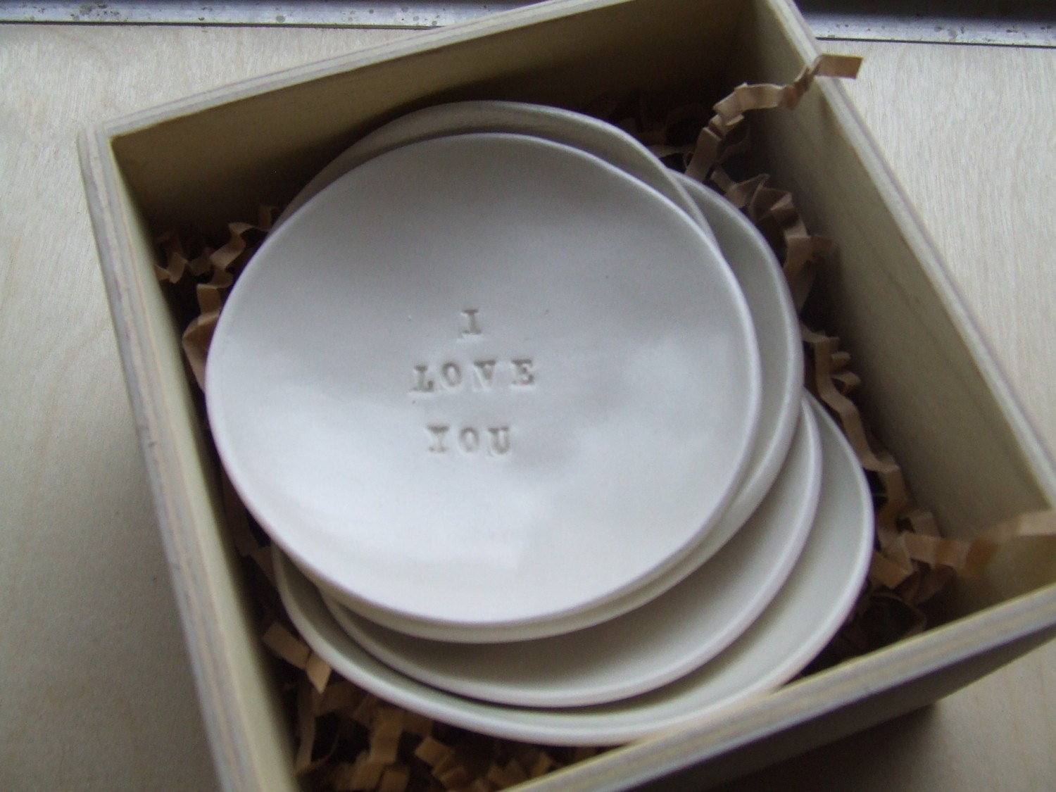 ring holder, dish, jewelry tray, romantic, ring dish, wedding, engagement, anniversary, I LOVE YOU tiny text bowl by Paloma's Nest
