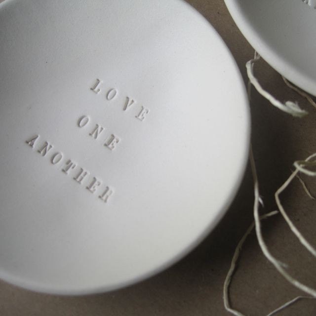 jewelry holder, ring dish, catch-all, white ceramic LOVE ONE ANOTHER tiny text bowl by Paloma's Nest
