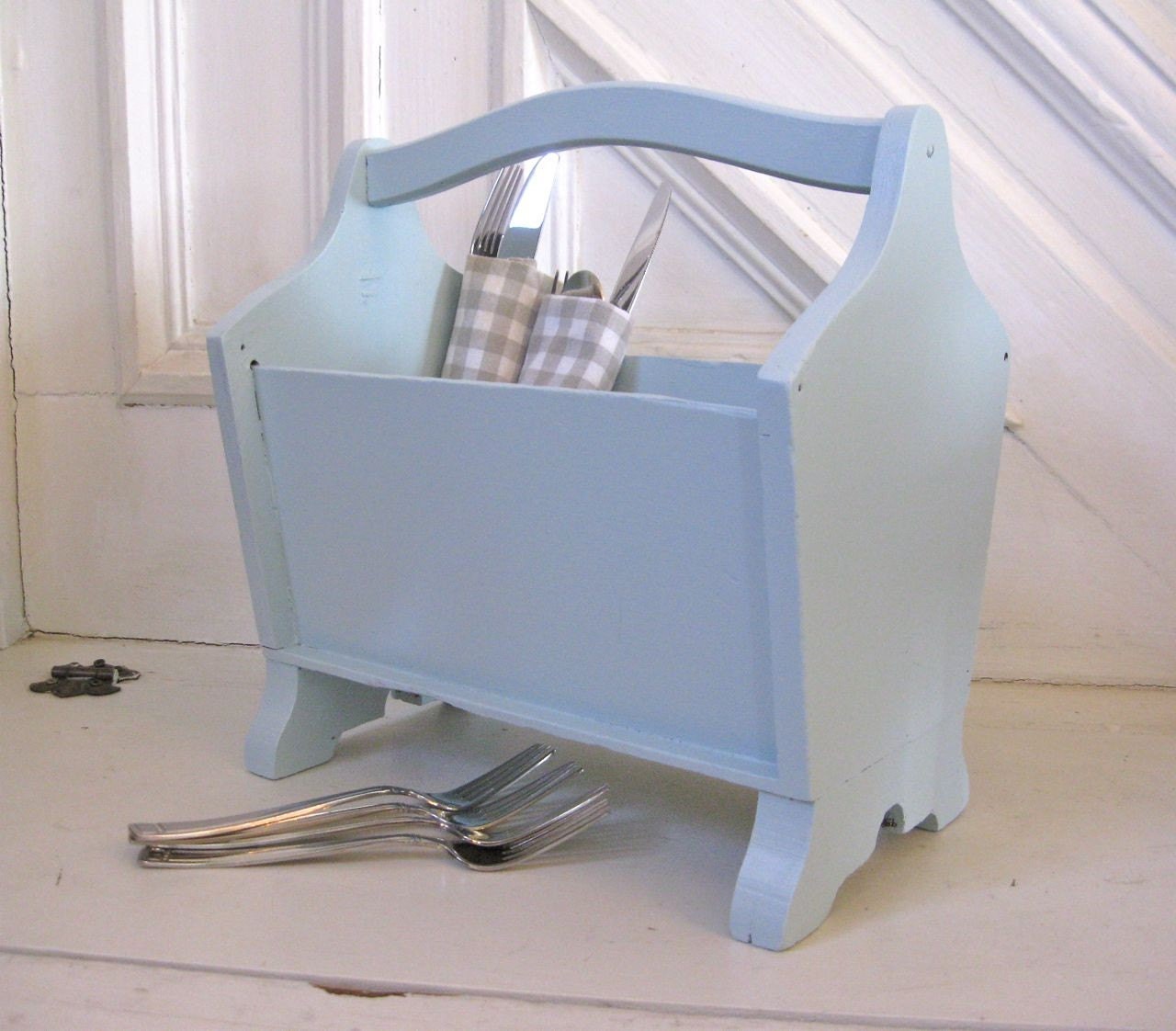 Vintage  Wooden Caddy - Hand painted - Turquoise, Aqua