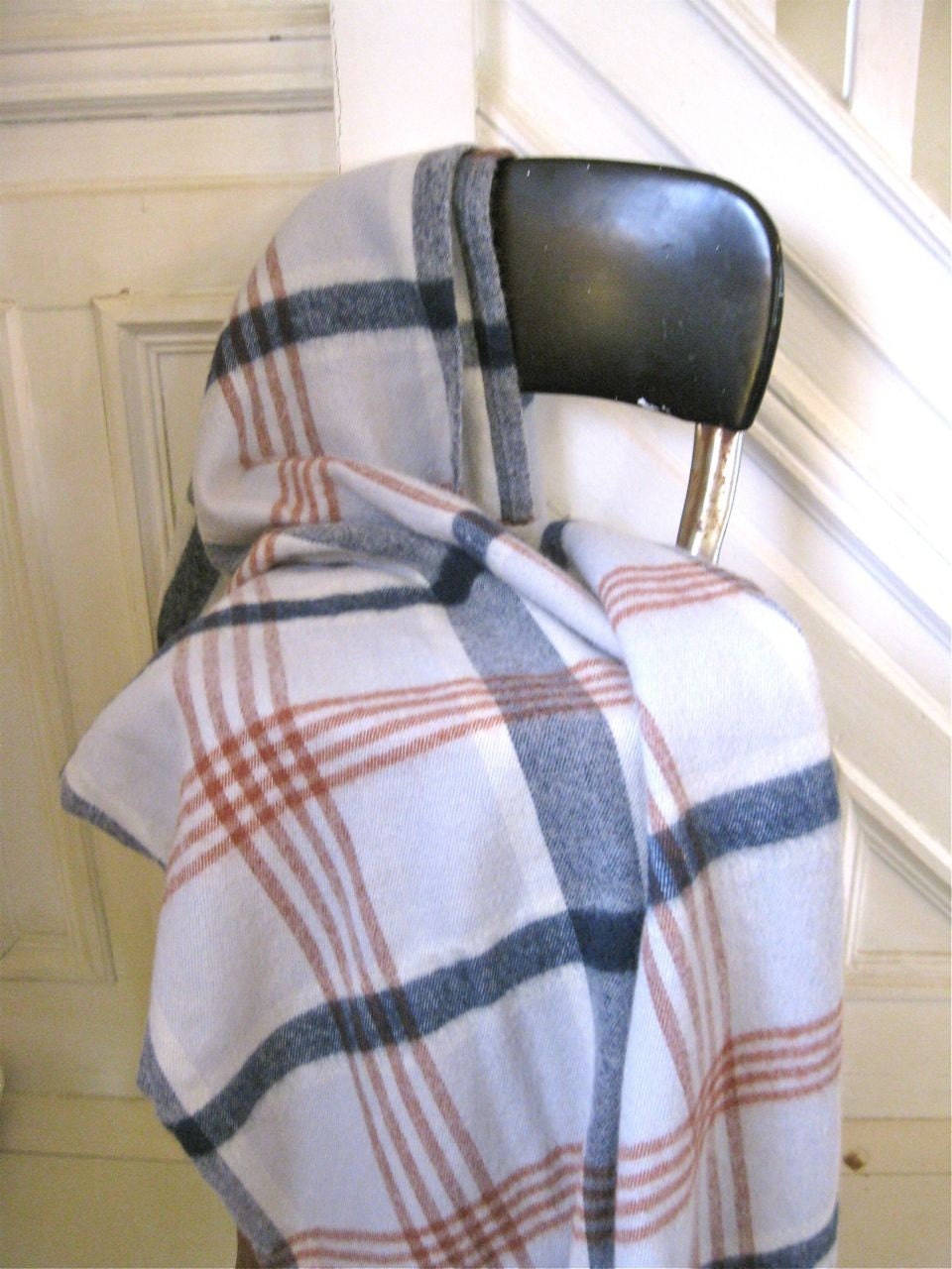 Vintage Wool Blend Blanket - Navy and Grey Plaid