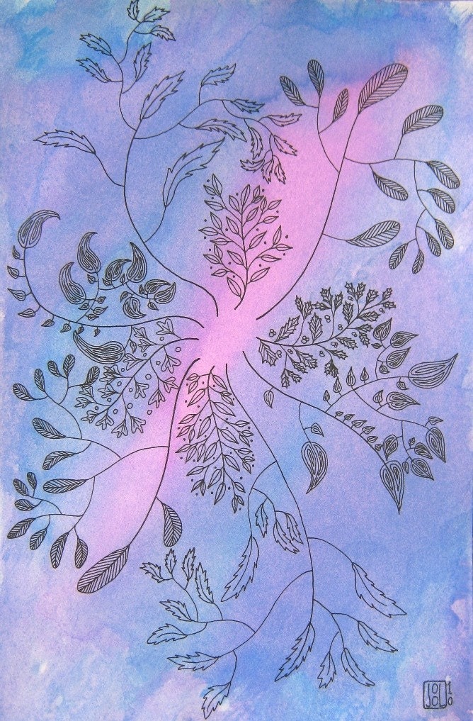 SALE Leaves and Branches Fractal Original Pen and Ink Drawing with Purple and Blue
