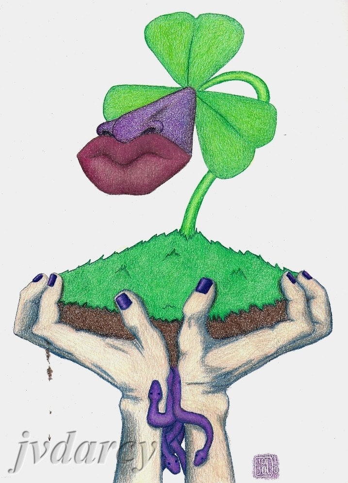 Shamrock -- Original Colored Pencil Drawing Bizarre 8 x 11 Surreal St Patrick's Day