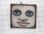 Blockhead Bob Square Face Pendant Hand Drawn OOAK Big Blue Eyes and Big Luscious Lips