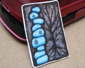 Art Pendant Abstract Turquoise Rocks on Umber Brown Branches Hand-Drawn OOAK